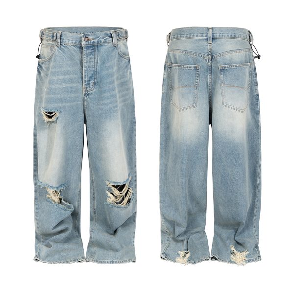 TJ175  Men's Ripped Webbing Metal Adjuster Buckle Wide Leg Jeans