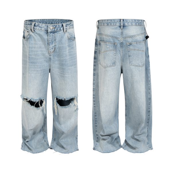 TJ176 Men's 14.5 OZ Rigid Baggy Straight Ripped Raw Hem Jeans