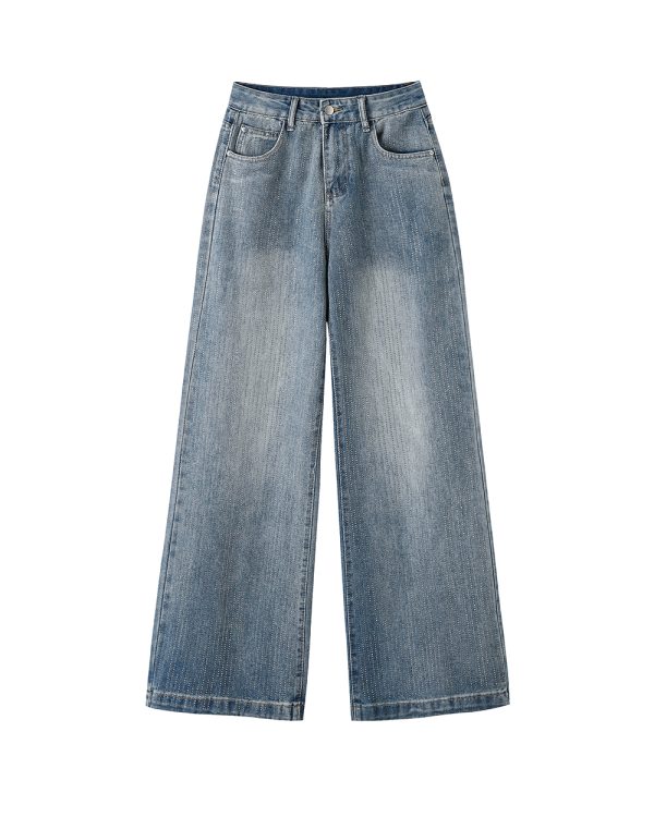Women's 11 OZ Rhinestone Classic Five Pockets Wide Leg Jeans