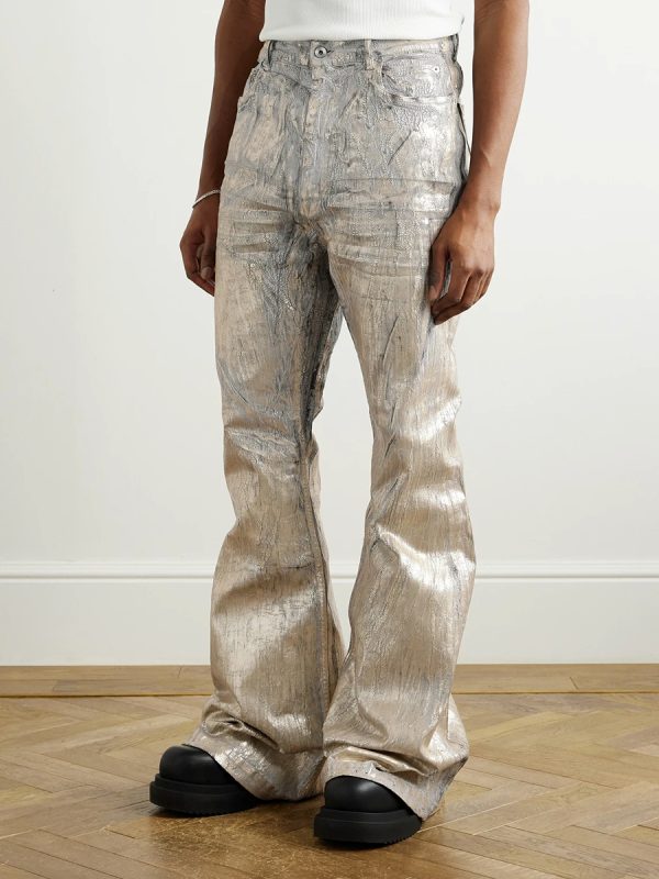 ZJ151 Men's 13.6 OZ Stretch Foil Hot‑Stamping Coated Flared Jeans