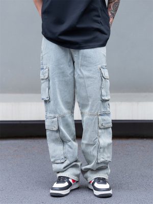 8557 Men's 14.2 OZ Vintage Light Wash Cargo Baggy Jeans