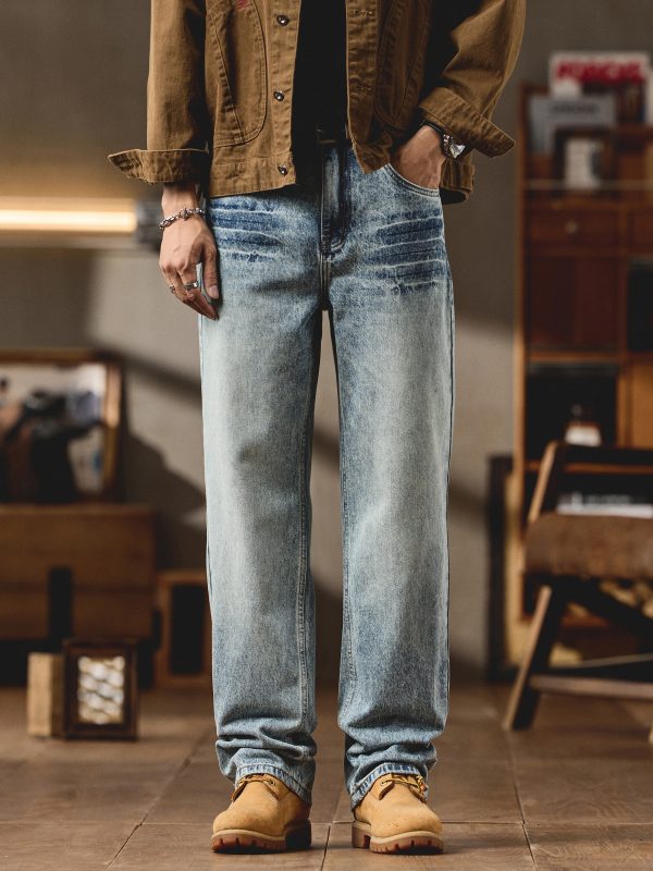 9912 Men's Vintage Acid Snow Wash Hand‑Brushed Whiskers Jeans