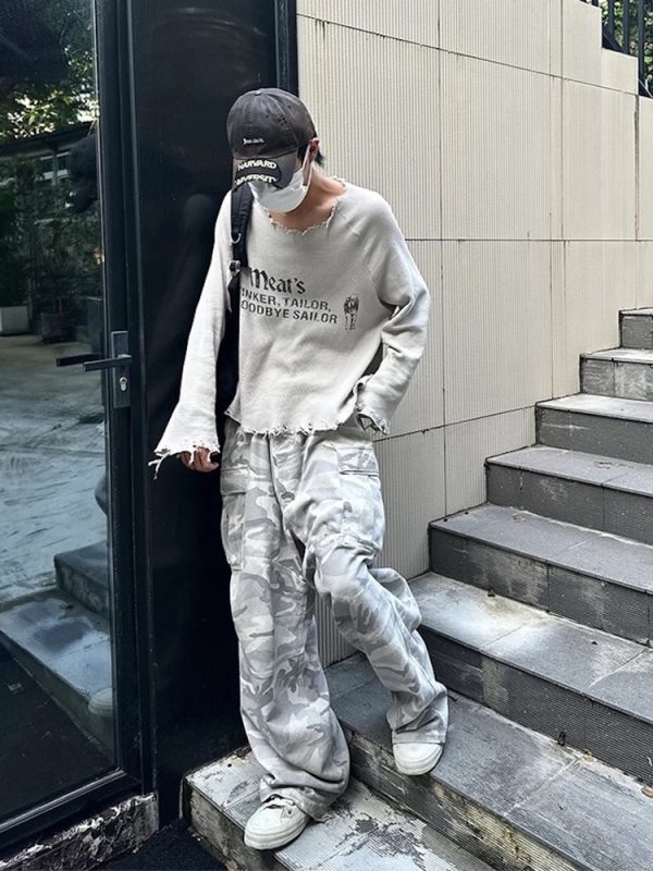 ZJ113  Men's 100% Cotton Baggy Military Snow Camo Cargo Pants