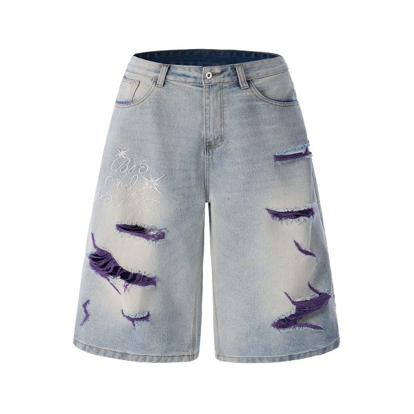1519 Men's 13 OZ Grunge Blue‑purple Two‑tone Denim Cropped Capri Ripped Jeans