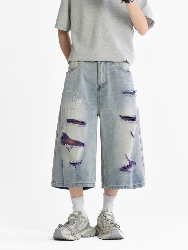 1519 Men's 13 OZ Grunge Blue‑purple Two‑tone Denim Cropped Capri Ripped Jeans
