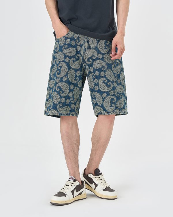 1161 Men's 12.8 OZ 100% Cotton Baggy Paisley Bandana Jacquard Denim Shorts