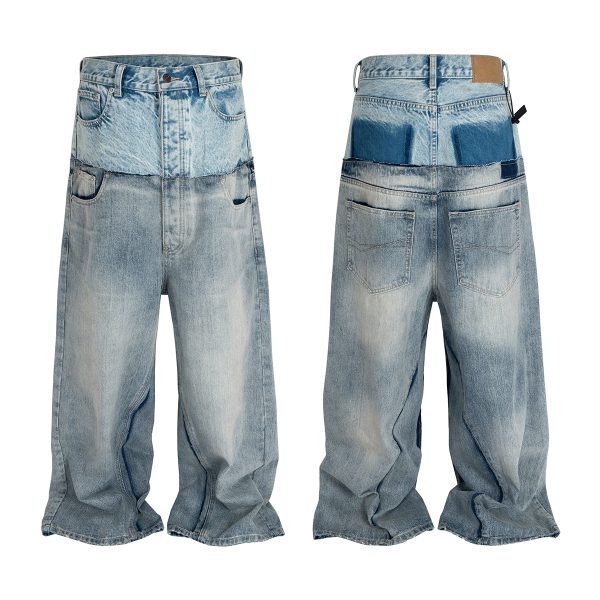 MJ016  Men's 15.5 OZ Y2K Baggy Double Waist Wide Leg Patchwork Jeans