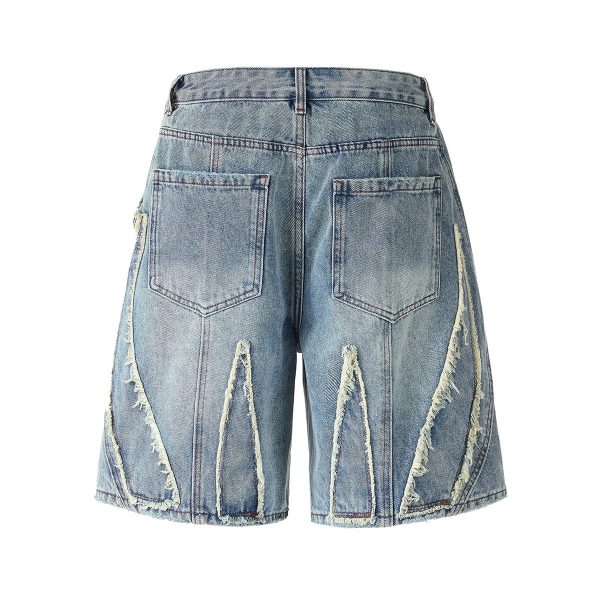 DK13 Men's Raw Edge Fringe Patchwork Distressed Denim Shorts