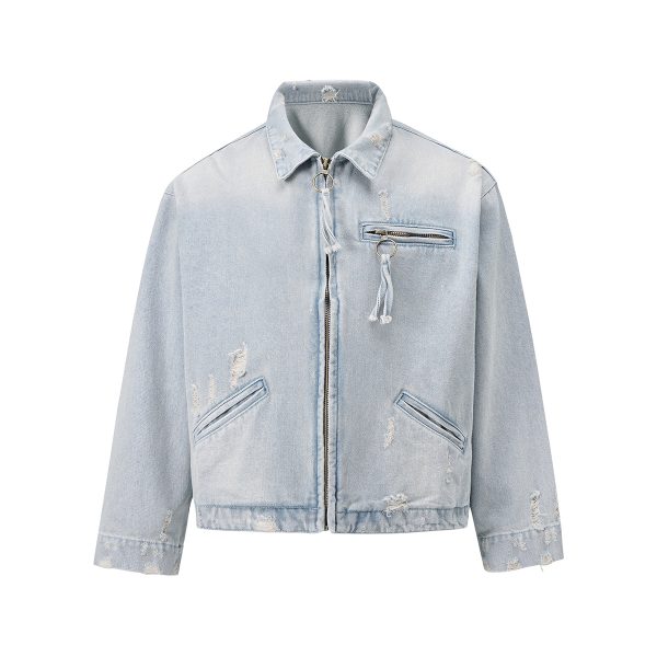 Q148 Men's 15.2 OZ Boxy Ripped Destroyed Zip‑up Denim Jackets