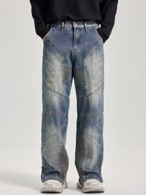 JK9661 Men's Moto Biker Laser Etching Stitched Embossed Jeans