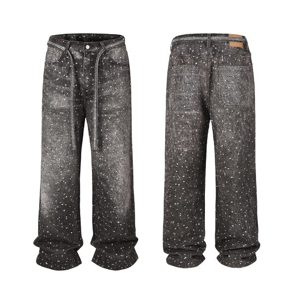 Q166 Men's 3D Digital Printing Rhinestone Loose Straight Jeans