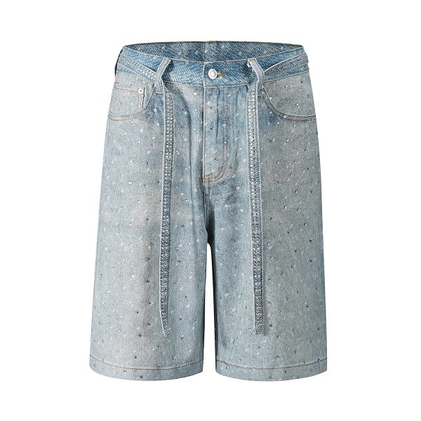 Q183 Men's 14.5 OZ 100% 3D Digital Printing Rhinestone Baggy Shorts