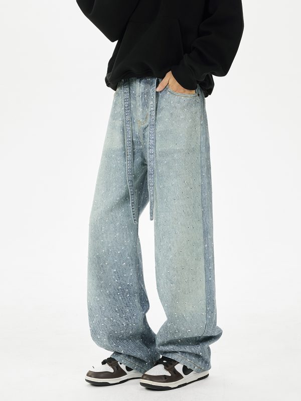 Q166 Men's 3D Digital Printing Rhinestone Loose Straight Jeans