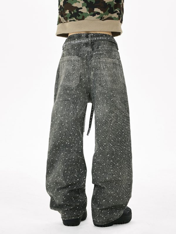 Q166 Men's 3D Digital Printing Rhinestone Loose Straight Jeans