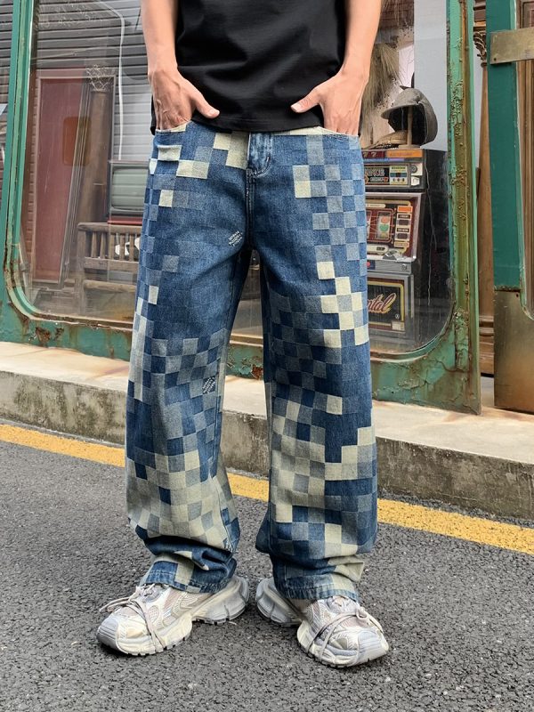 3752 Men's 10.4 OZ 100% Cotton Baggy Checkered Jacquard Denim Jeans