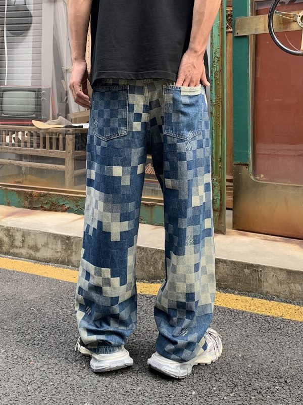 3752 Men's 10.4 OZ 100% Cotton Baggy Checkered Jacquard Denim Jeans