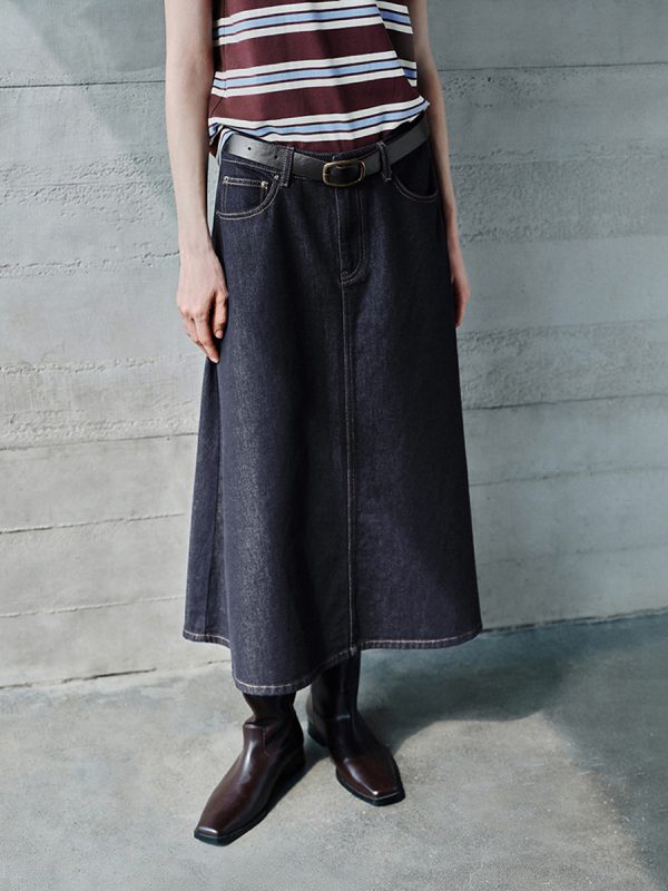 1788126757833403.jpg Women's 12.8 OZ High Rise Minimalist A‑line Midi Denim Skirts