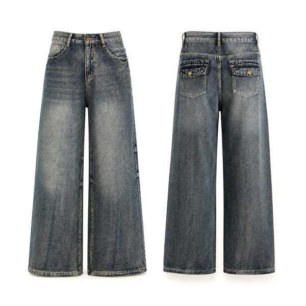 Women's 12.8 OZ Stretch High Rise Faded Wash Wide Leg Flap Back Pockets Jeans