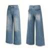 Women's 12.8 OZ Stretch High Rise Faded Wash Wide Leg Flap Back Pockets Jeans