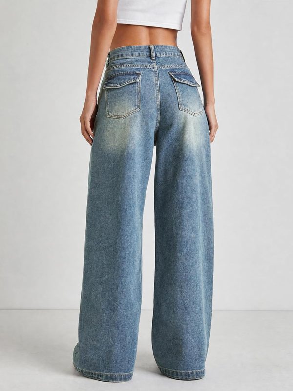Women's 12.8 OZ Stretch High Rise Faded Wash Wide Leg Flap Back Pockets Jeans