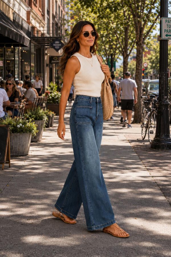 Women's 11.8 OZ Retro Cargo Square Front Patch Pockets Wide Leg Jeans