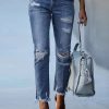 Women's 11.8 OZ High Rise Distressed Ankle Length Cropped Destroyed Ripped Skinny Jeans