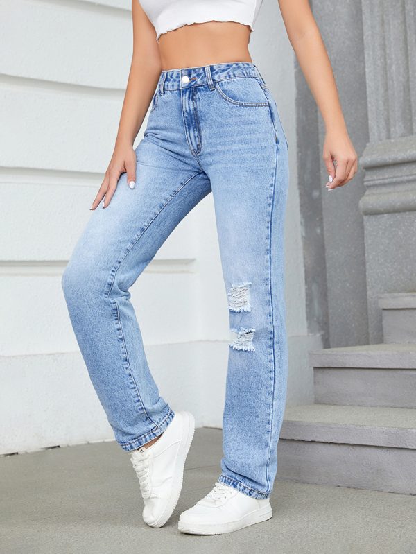 35726 Women's 11.5 OZ High Rise Ripped Regular Straight Leg Jeans