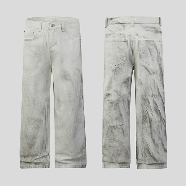 BY490 Men's 12.8 OZ Grunge Marble Tie Dye Wash Wide Leg Jeans