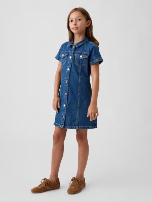 1788718261546826.jpg 10.5 OZ Big Girls Short Sleeve Western Casual Preppy Stretch Denim Shirt Dresses