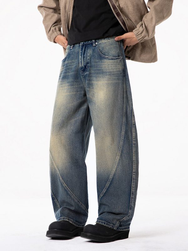 PB004  Men's 12.8 OZ Banana Curved‑leg Cut Vintage Faded Jeans