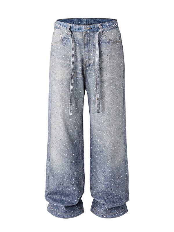 Q166 Men's 3D Digital Printing Rhinestone Loose Straight Jeans