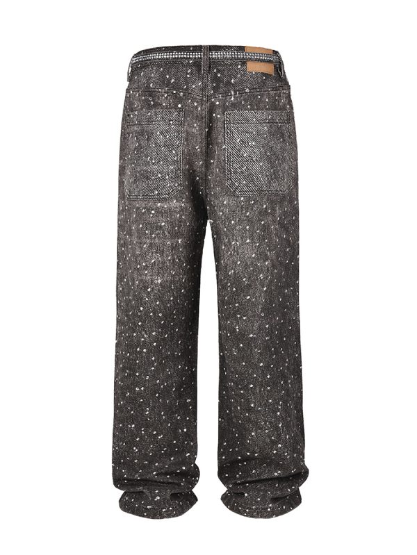 Q166 Men's 3D Digital Printing Rhinestone Loose Straight Jeans