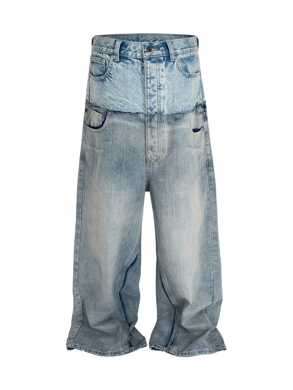 MJ016  Men's 15.5 OZ Y2K Baggy Double Waist Wide Leg Patchwork Jeans