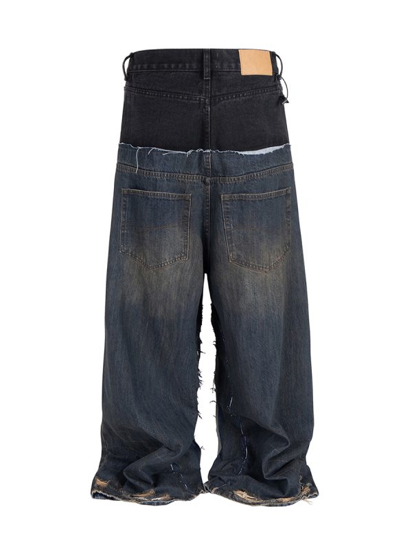 MJ016  Men's 15.5 OZ Y2K Baggy Double Waist Wide Leg Patchwork Jeans
