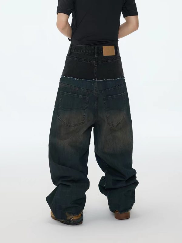 MJ016  Men's 15.5 OZ Y2K Baggy Double Waist Wide Leg Patchwork Jeans