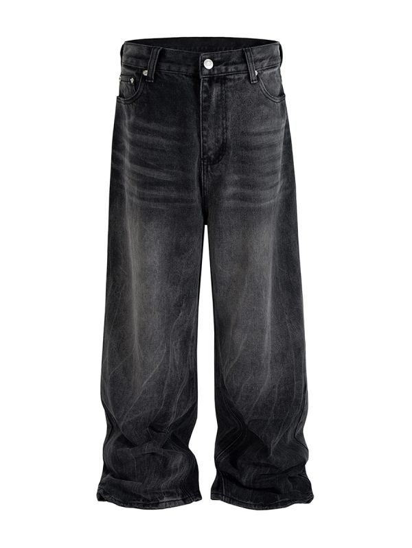 FJ067 Men's Enzyme Stone Wash Charcoal Black Baggy Jeans