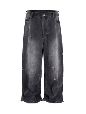 TJ129 Men's 13.8 OZ Paint Splatter Charcoal Black Baggy Jeans