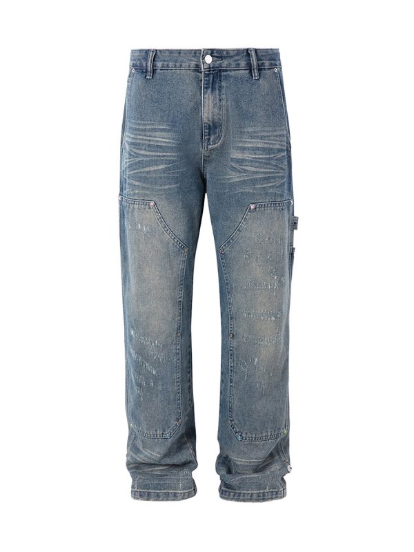 8687 Men's 13.8 OZ Mud Vintage Wash Distressed Ripped Carpenter Jeans