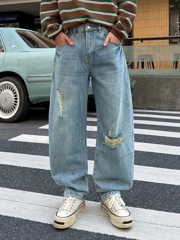 9205 Men's Curved‑leg Back‑half Elastic Waistband Ripped Jeans