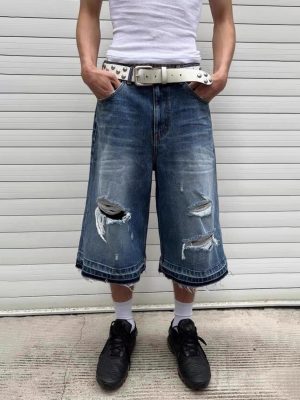 TJ177 Men's 12.5 OZ Baggy Loose Destroyed Ripped Raw Hem Capri Cropped Jeans