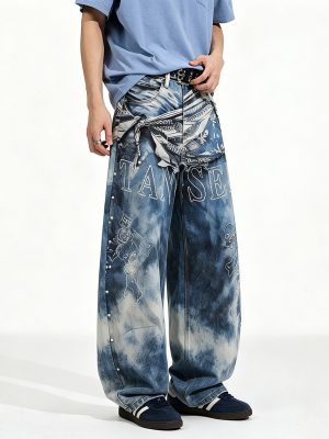 14032 Men's 14.2 OZ 3D Digital Printing Barrel Cut Curve-leg Jeans