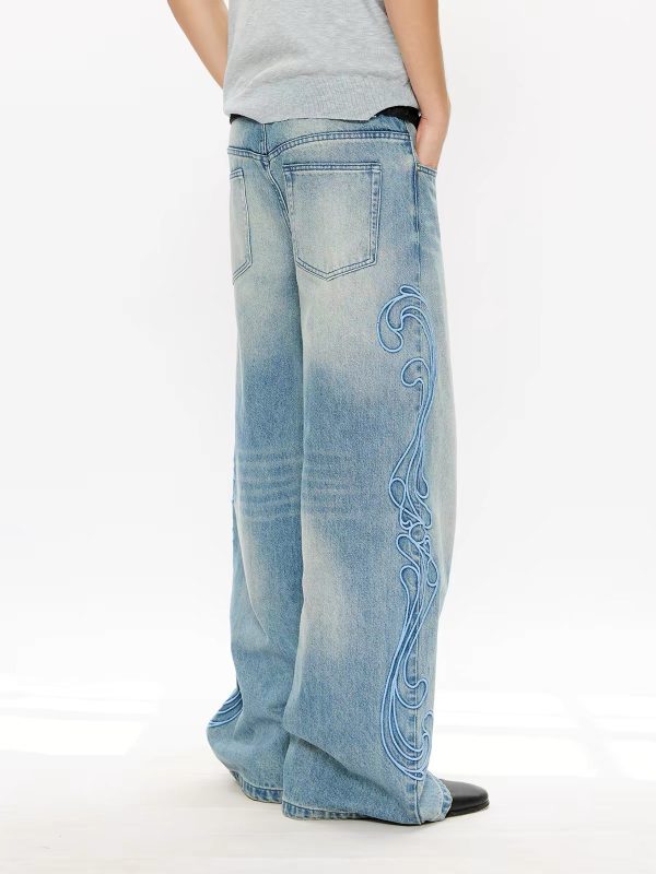 EMBD002 Men's 15 OZ 3D Raised Cord Embroidery Wide Leg Jeans