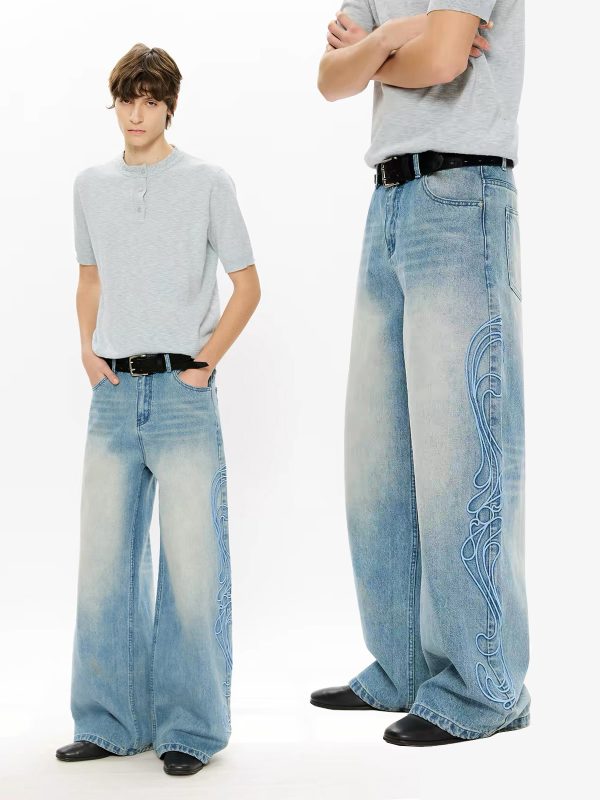 EMBD002 Men's 15 OZ 3D Raised Cord Embroidery Wide Leg Jeans
