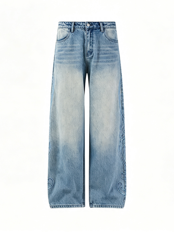 EMBD002 Men's 15 OZ 3D Raised Cord Embroidery Wide Leg Jeans