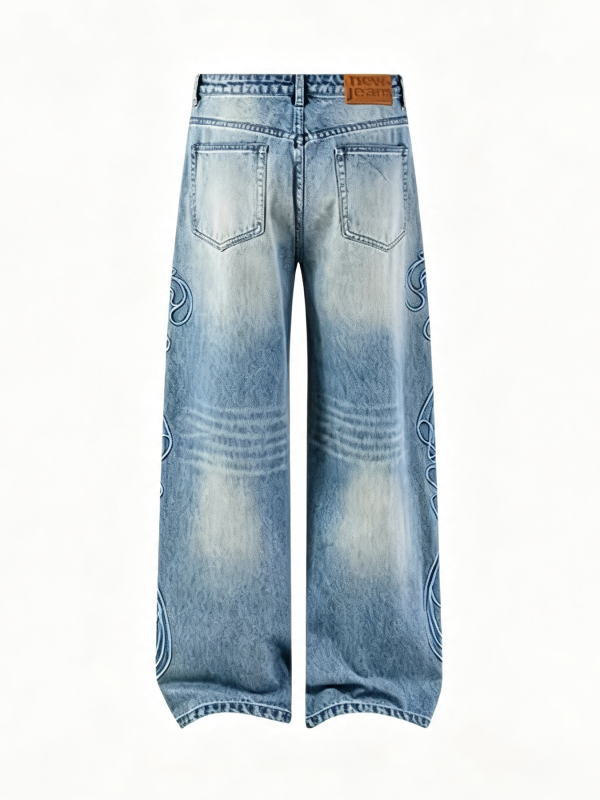 EMBD002 Men's 15 OZ 3D Raised Cord Embroidery Wide Leg Jeans