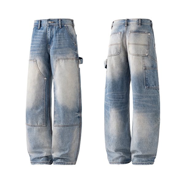 JK9683-1  Men's 14.8 OZ Cargo Raw Hem Loose Straight Carpenter Jeans