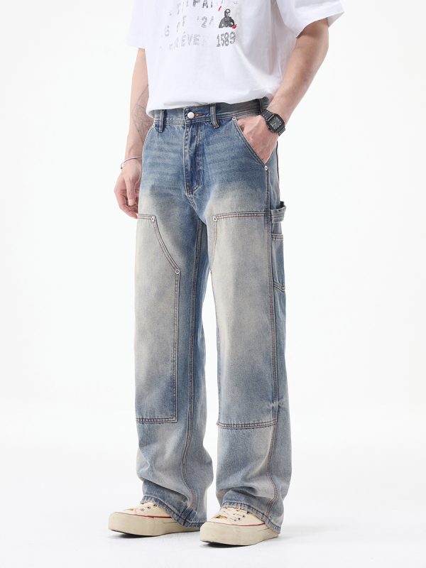 JK9683-1  Men's 14.8 OZ Cargo Raw Hem Loose Straight Carpenter Jeans