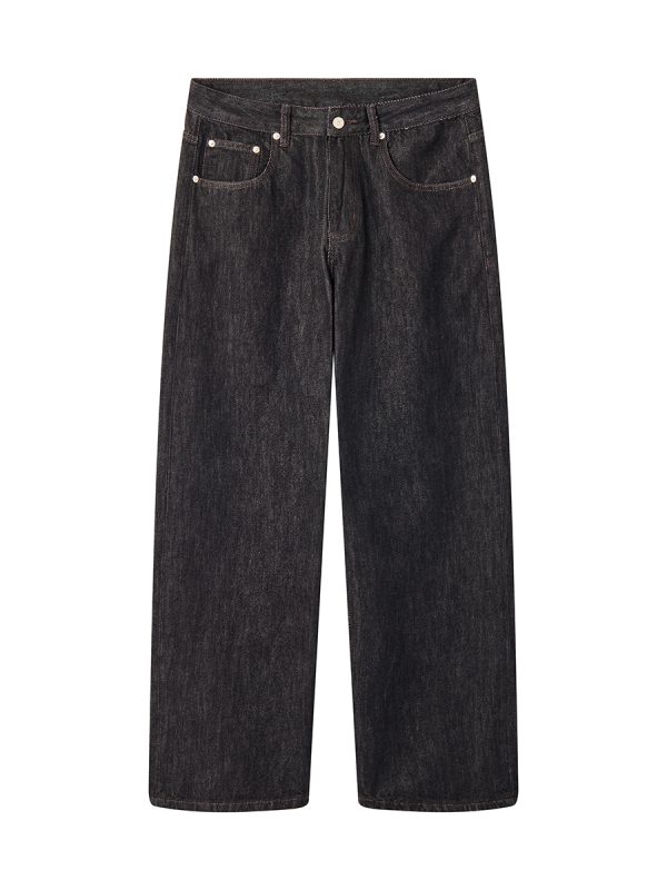 DK3070  Men's 13.6 OZ Black Raw Denim Loose Straight Jeans