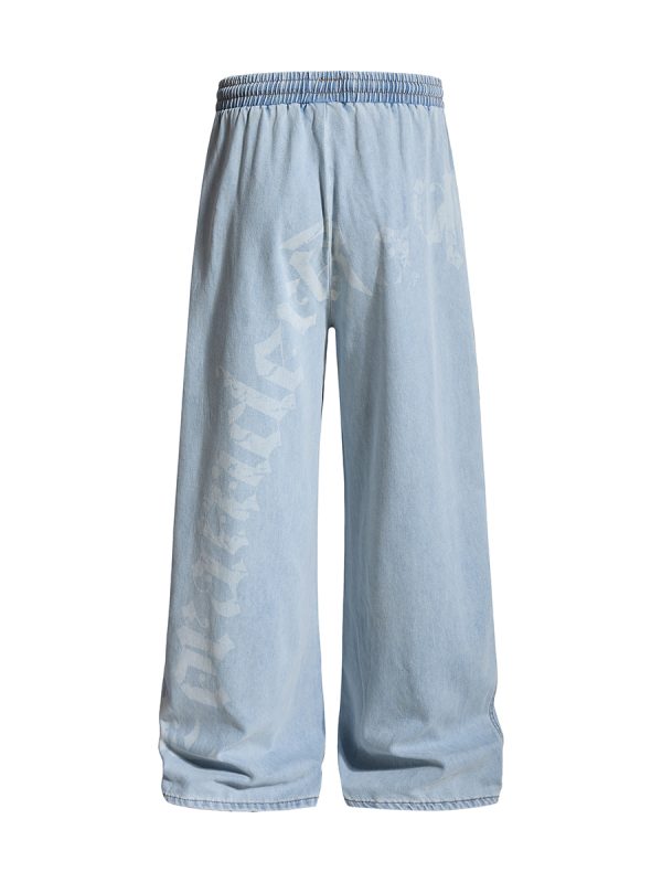 E6697  Men's 10.8 OZ Laser Etching Elastic Waist Baggy Parachute Denim Jeans