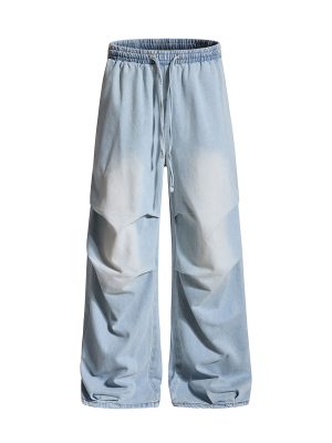1791815199587342.jpg E6697 Men's 10.8 OZ Laser Etching Elastic Waist Baggy Parachute Denim Jeans